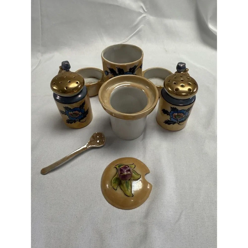 Lusterware Hand Painted Japan Vintage Condiment Set Salt‎ Pepper Sugar Spoon MCM